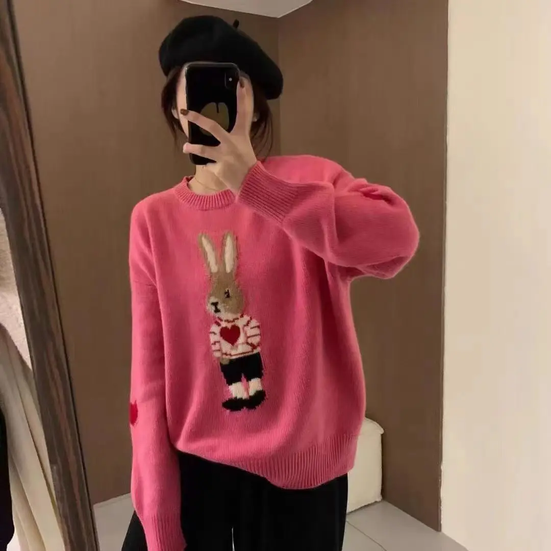 Korean Fashion Y2k Pulls Autumn Winter Cartoon Bunny Round Neck Pullover Long Sleeve Knitted Sweater for Women Winter 2022