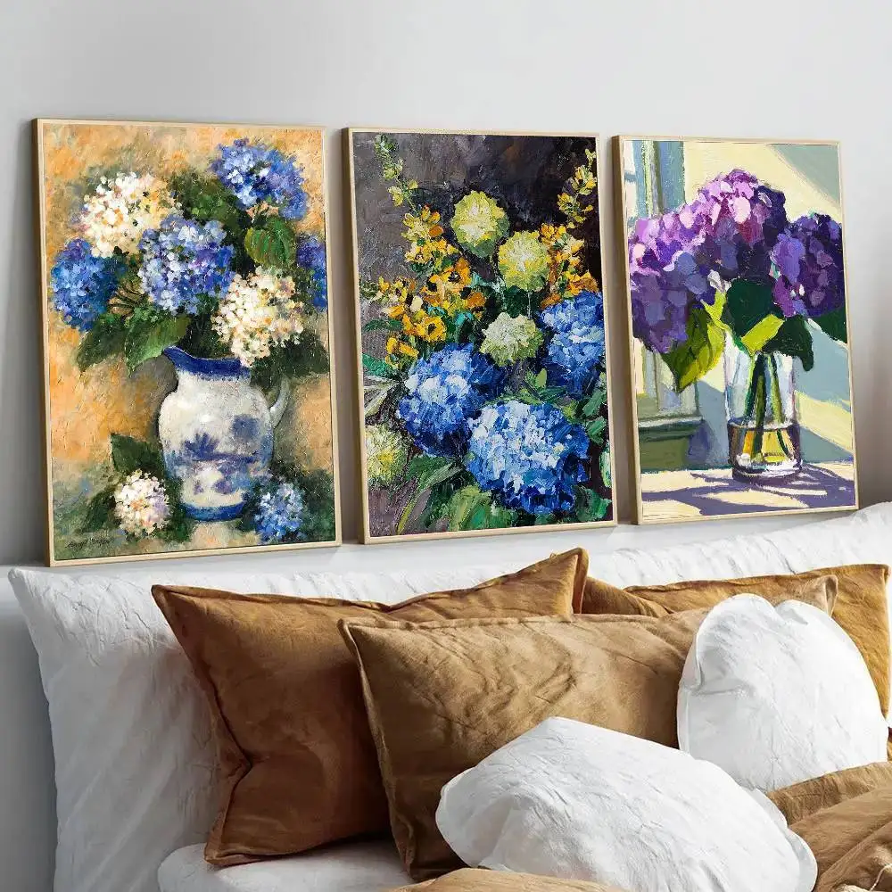 Hydrangeas In Aged Vessel Still Life Oil Painting Posters Living Room Bar Cafe Quality Canvas Vintage Style Comics Painting Art