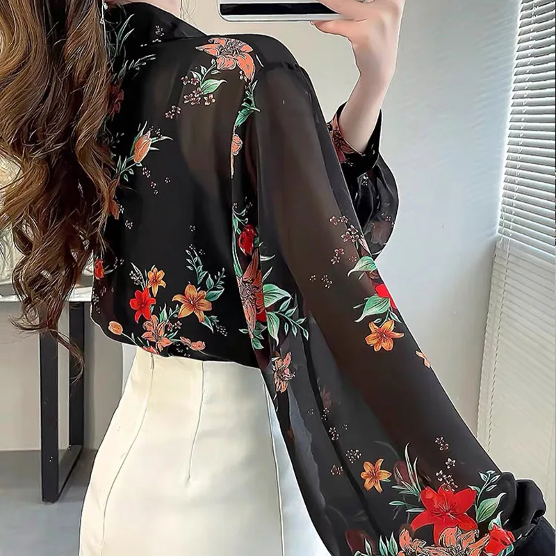 Spring Summer Fashion Chinese Style Print Shirts Women Casual Loose Long Sleeve Chiffon Blouses Chic Polo-neck Elegant Thin Tops