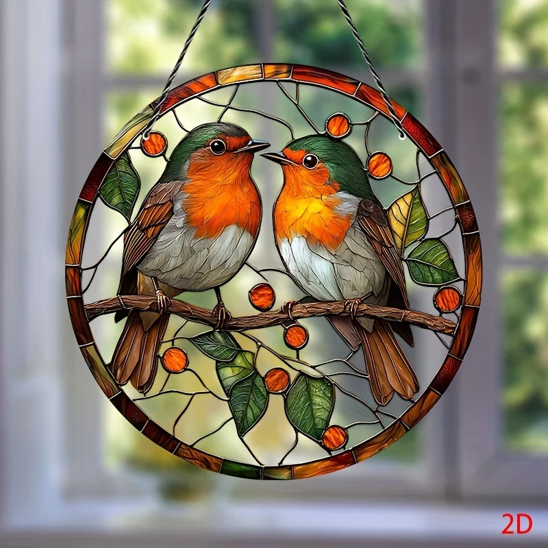 Acrylic Painting Adorable Pair of European Robins Perched on Berry Branch Stained Glass Style Round Wall Decor, 2D Flat Printing