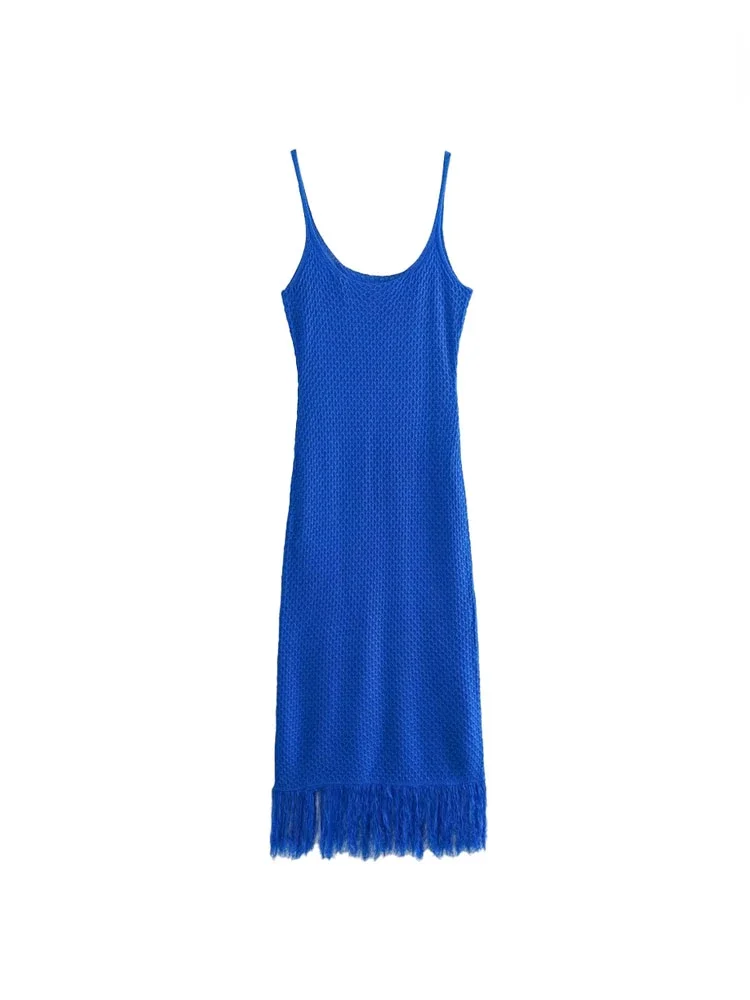 

TRAF Slip Dress Women Summer Fashion with Tassel Knit Midi-Dress Sexy Backless Thin Straps Female Casual Dresses Vestidos Mujer