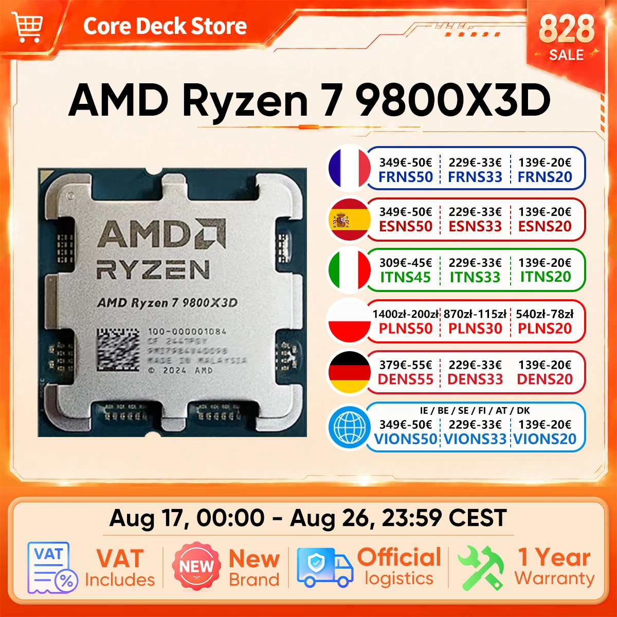 Processore AMD Ryzen 7 9800X3D, 8 Core 16 Thread, 104MB di Cache per Giochi, Frequenza di Accelerazione 5.2GHz, CPU V-Cache per Gaming