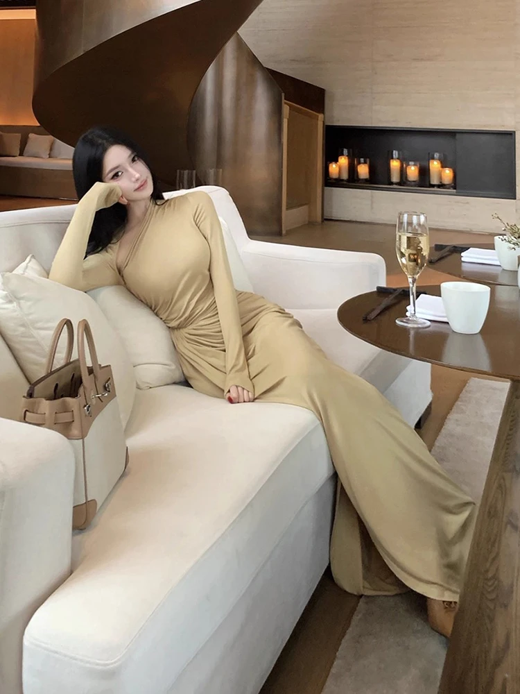 REDDACHiC Abito aderente ritagliato da donna Casual tinta unita maniche lunghe lusinghiero abito maxi diviso increspato Abiti autunnali piuttosto eleganti