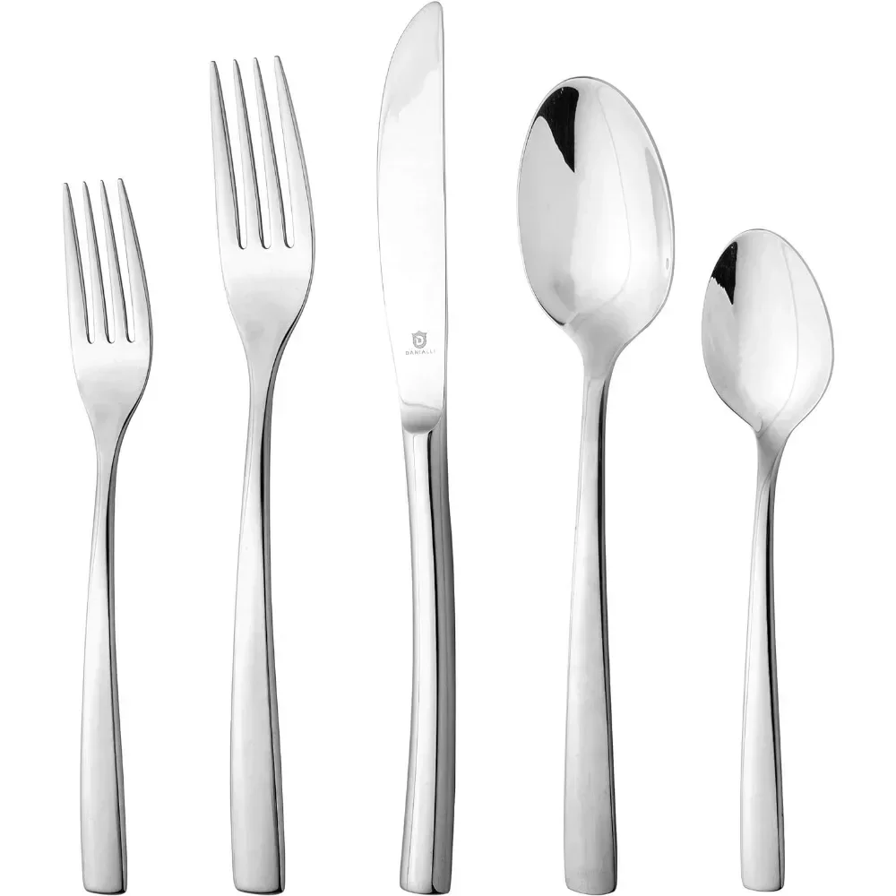 

Modern Sleek Flatware Set Includes Knife/Fork/Spoon & Long Teaspoon/Salad Fork Mirror-Polished & Dishwasher Safe Cutlery Spoons