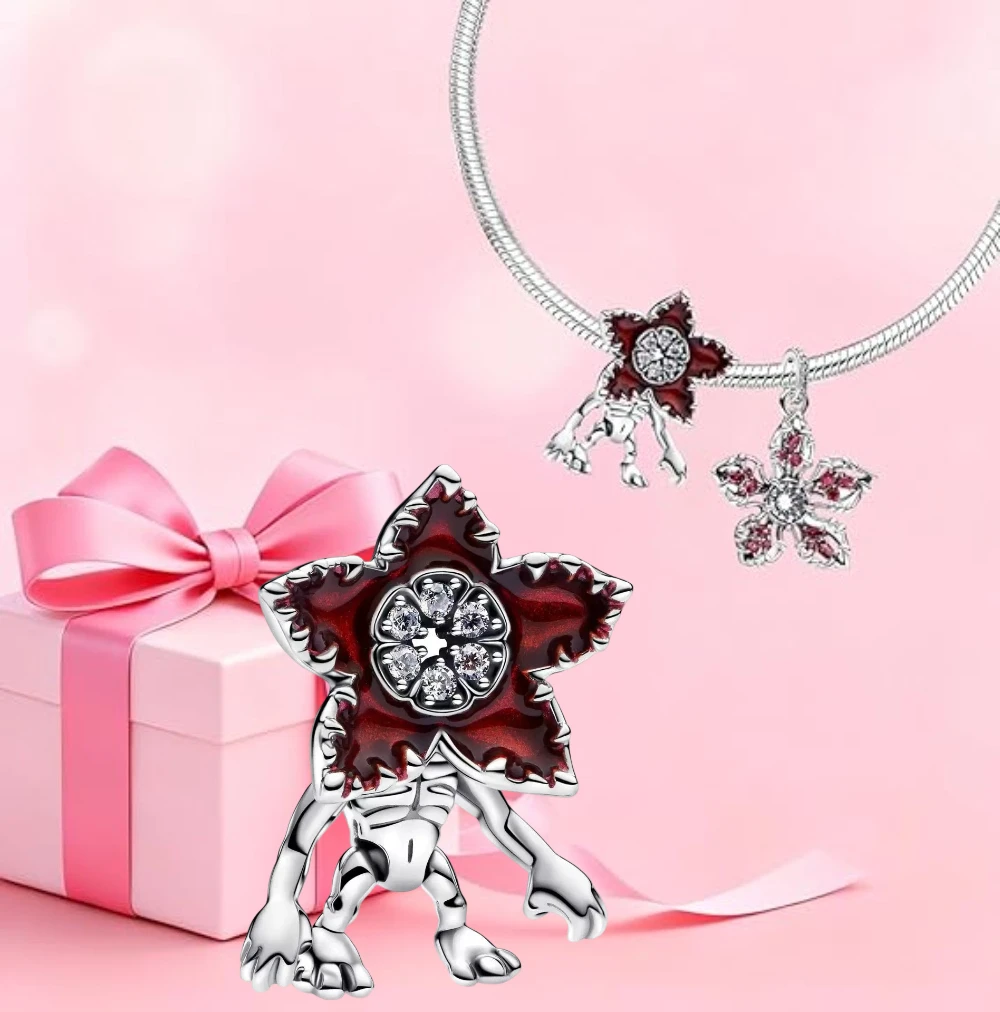 Bracelet tendance 2026 avec breloque fleur monstre rouge en argent sterling 925, réglable, hypoallergénique, bijoux fins à faire soi-même