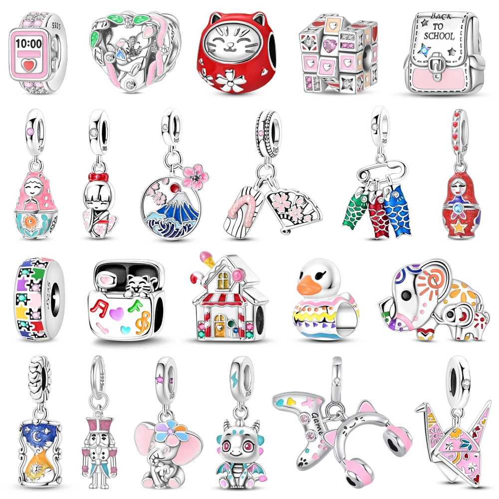 Classic 925 Sterling Silver Painted Pattern Elephant Beads & Mount Fuji Charm Fits Boutique Bracelet Colorful Pendant Gifts