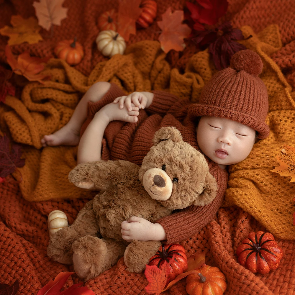 Baby Costume Photography Props Knitted Long Sleeve Jumpsuit Hat Maple Leaf Pumpkin Ornament Studio Photoshoot Background Blanket