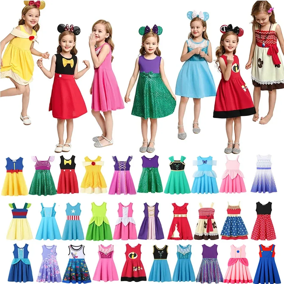 

Children Girls Summer Casual Dress Cotton Knee Length Cute Clothes For 2-7T Girls Princess Birthday Party School Casual Costume