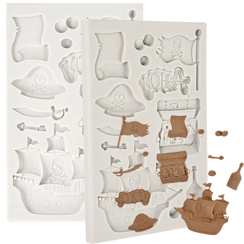 1pc Pirate Cookies Silicone Mold Pirate Ship Gold Coins Chocolate Fondant Cake Mould For Kid Birthday Halloween Party Cake Decor