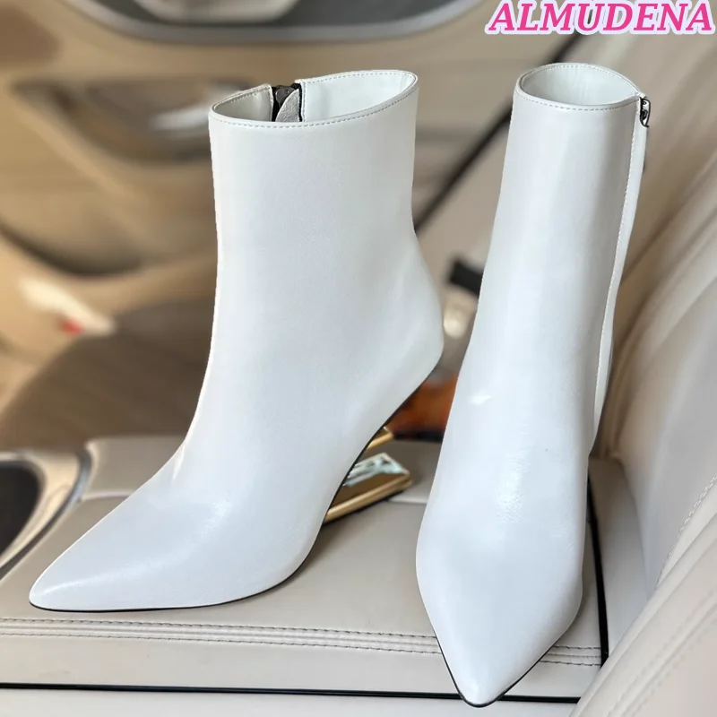 

Pointed Toe Strange Style Heeled Ankle Boots Black\White Women High Heels Zip Leather Short Boot Luxury Designer Winter Shoes