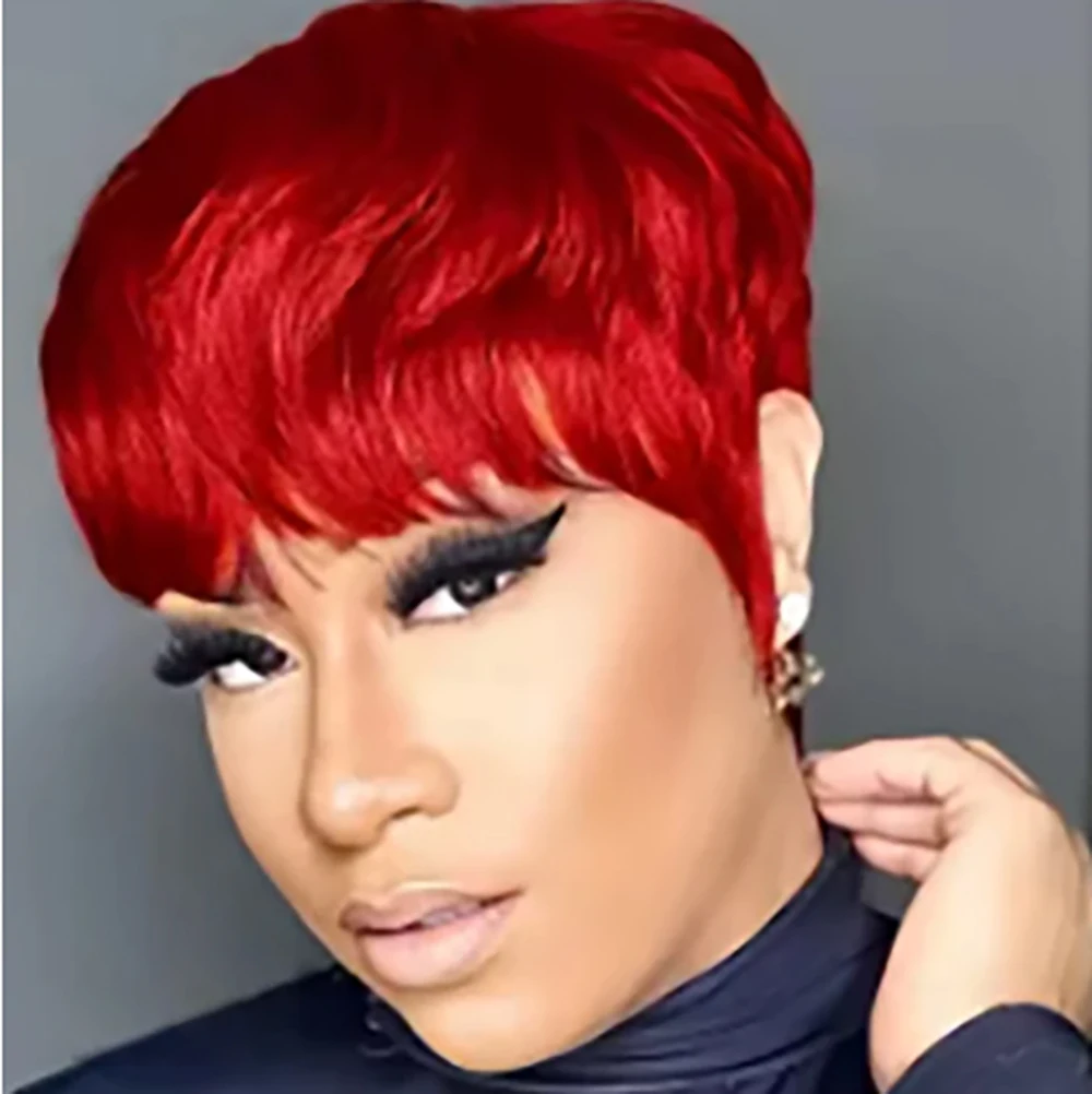 빨간색 숏 픽시컷 보브 100% 인모 가발 여성용 브라질 레미 헤어 앞머리 있는 숏 스트레이트 풀 머신 메이드 가발