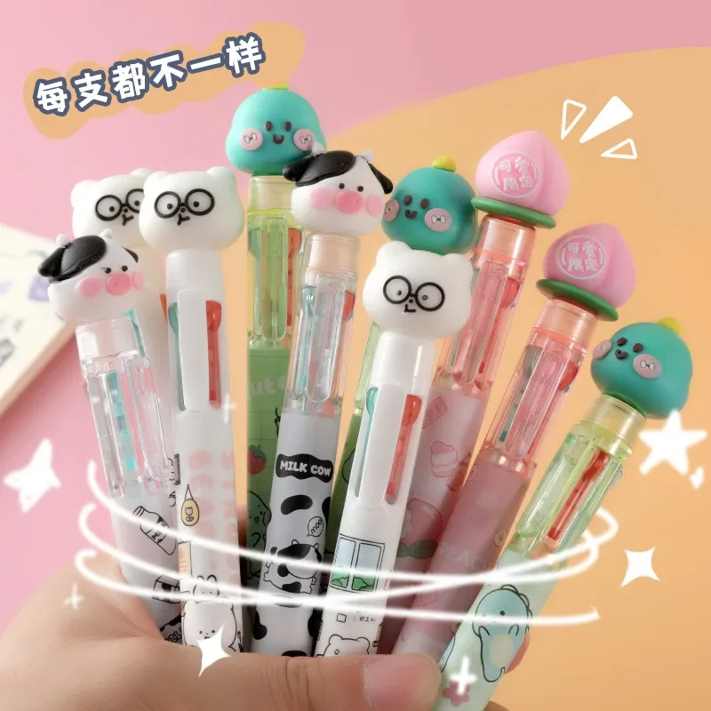 16PCS Four Color Ballpoint Pen, Silicone Cartoon Head, Cute Doll, Four Color Ballpoint Pen, Small Mini Portable Stationery