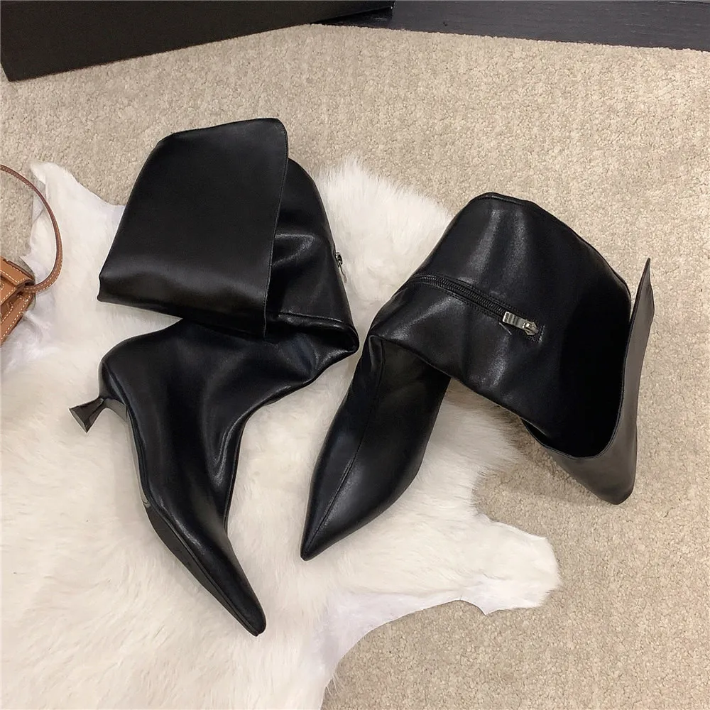 MILI-MIYA Fashion Pointed Toe Women Full Genuine Leather Over The Knee Boots Low Thick Heels Solid Color Zippers Handmade