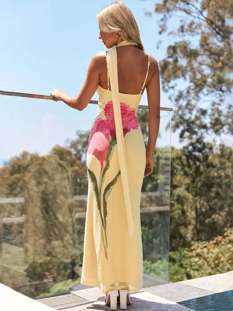 Bloemenprint halter sexy maxi-jurk voor dames, off-shoulder strapless mouwloze rugloze elegante lange jurk