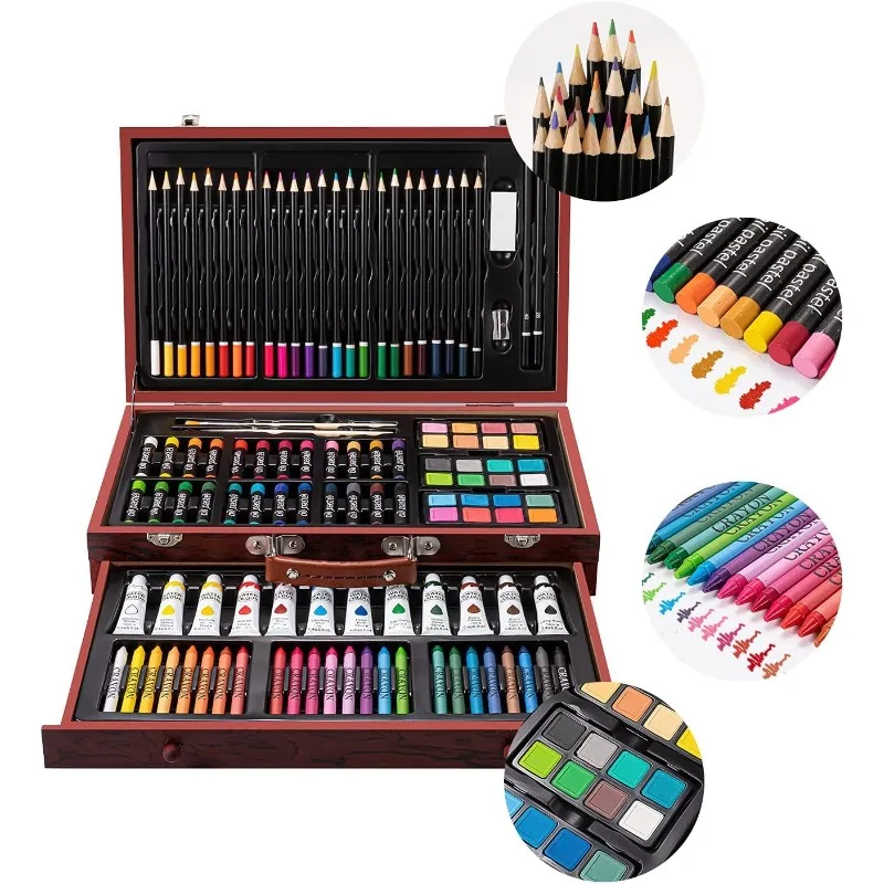 Deluxe Wooden Art Set Crafts Drawing Painting Kit with 12 Watercolor Paints,  Palette