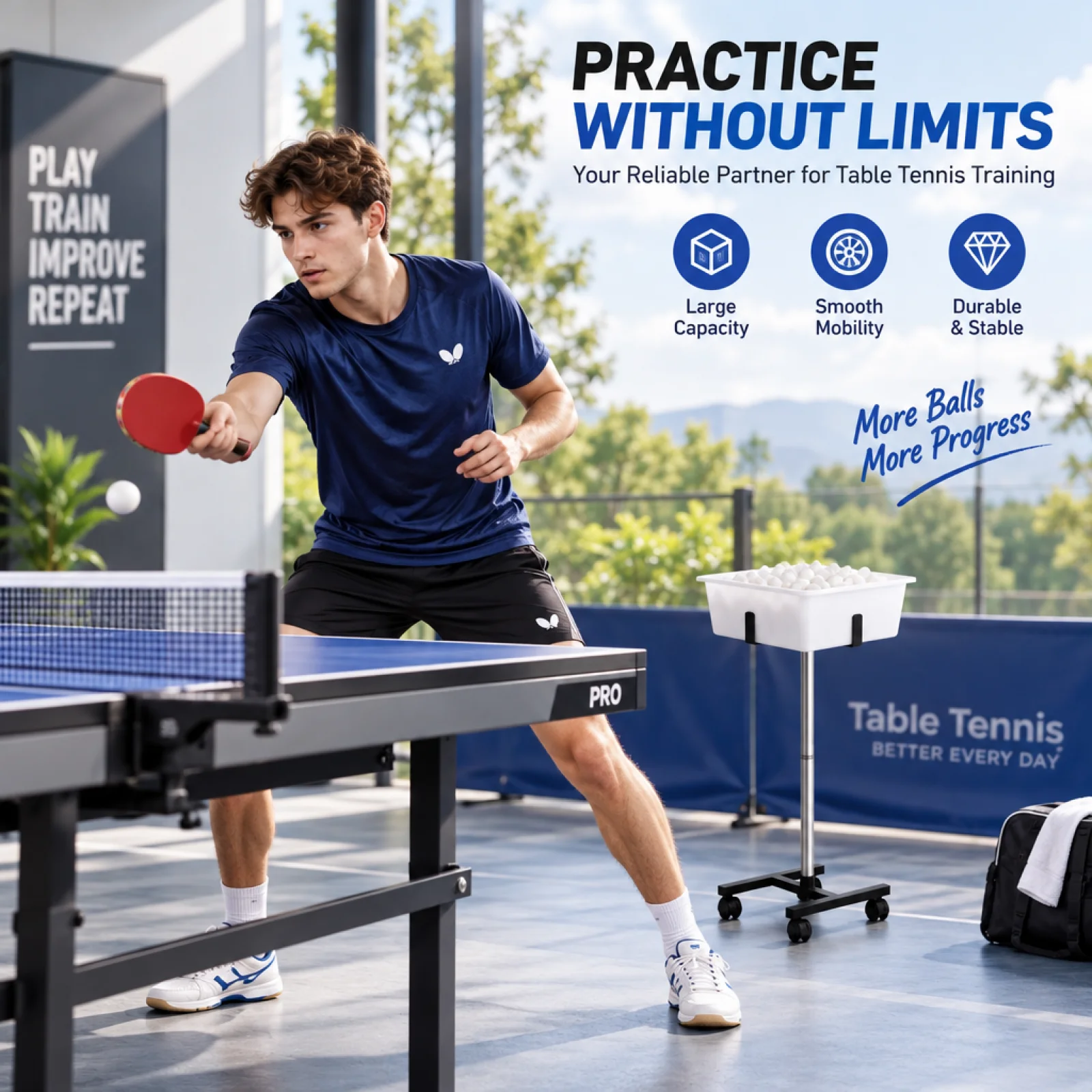 Mobile Table-Tennis Ball Collection Cart Portable Adjustable-Height Table Tennis Ball Cart Detachable for Home Practice