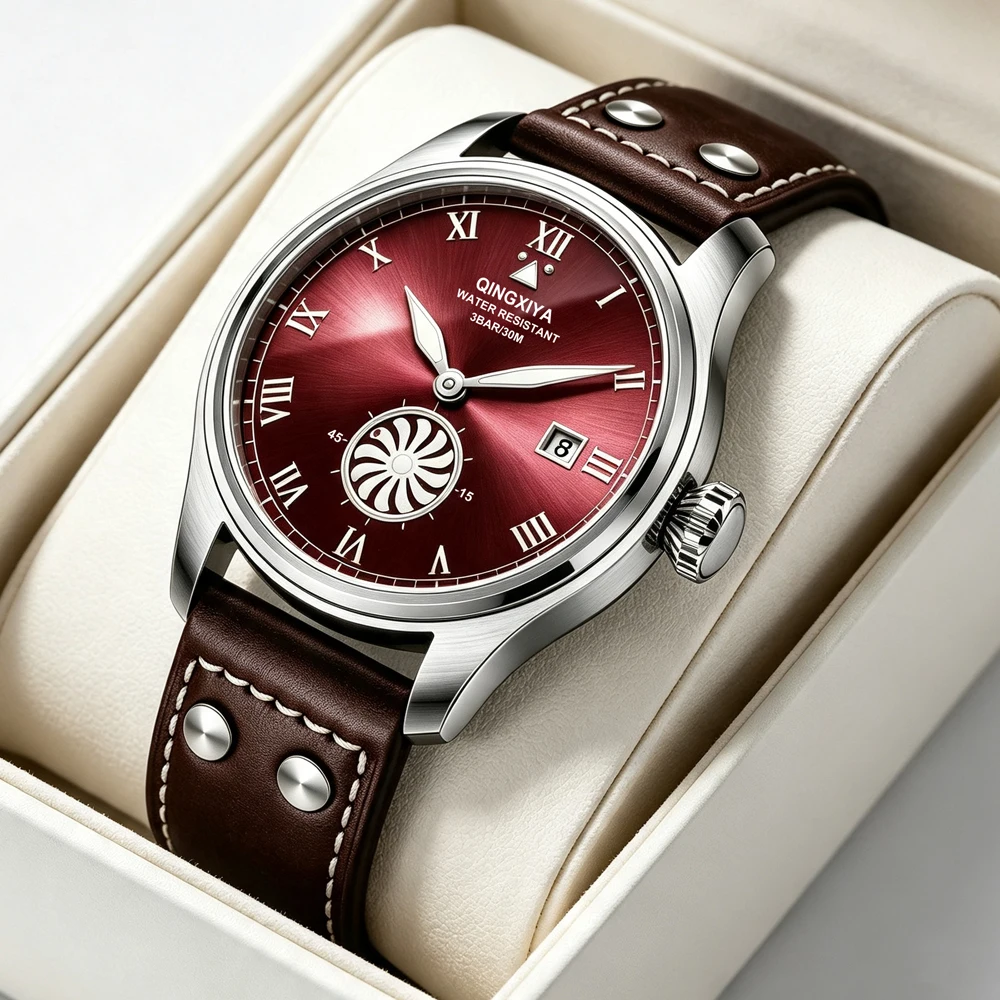 QINGXIYA Marken-Modeuhren für Herren, Turbinen-Sekundenanzeige, Quarzuhr für Männer, Hochwertige Leder-Armbanduhr, Wasserdicht, mit Datumsanzeige – Detail 1