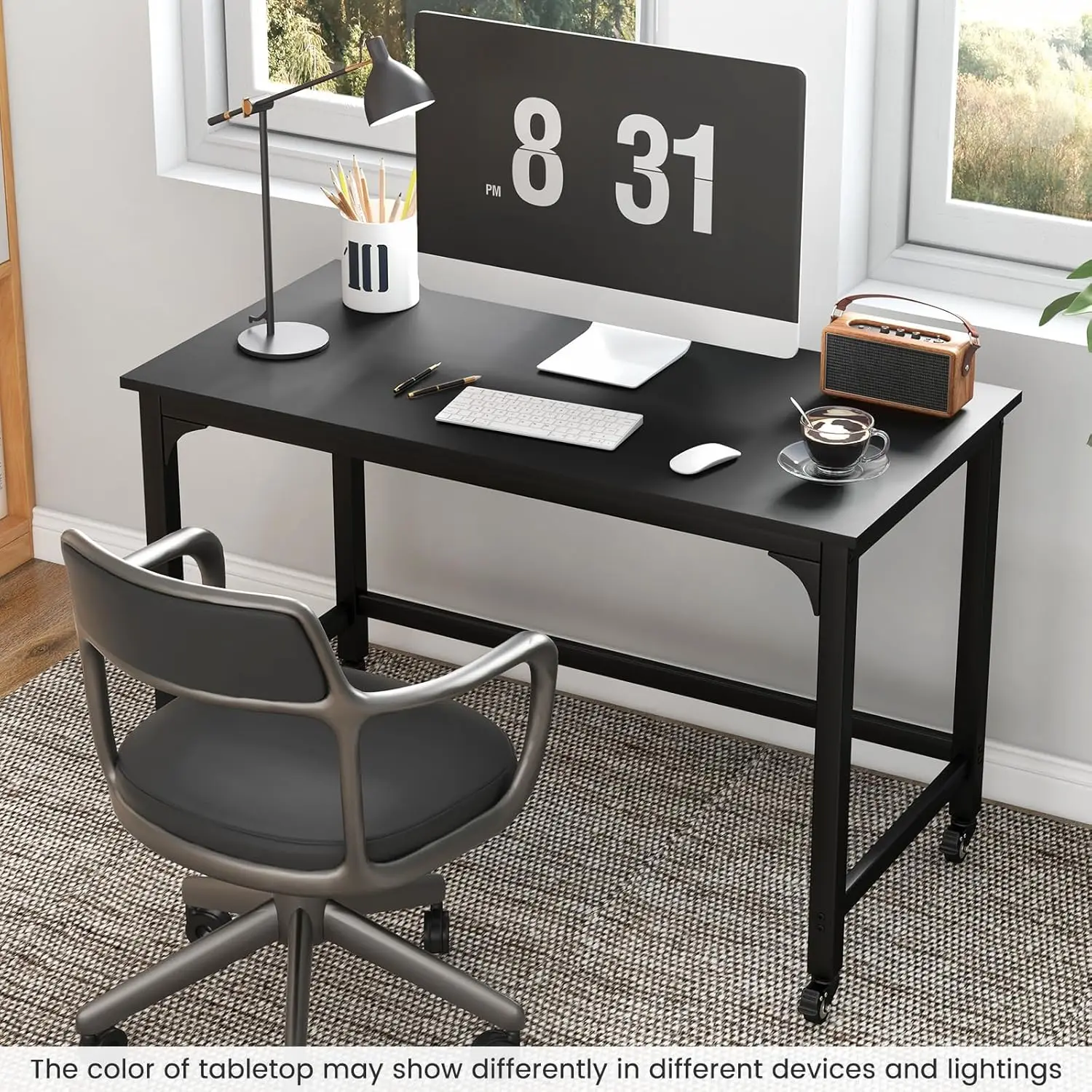 48' Mobile Computer Desk, Rolling Laptop Table with Lockable Wheels, Metal Frame, Black