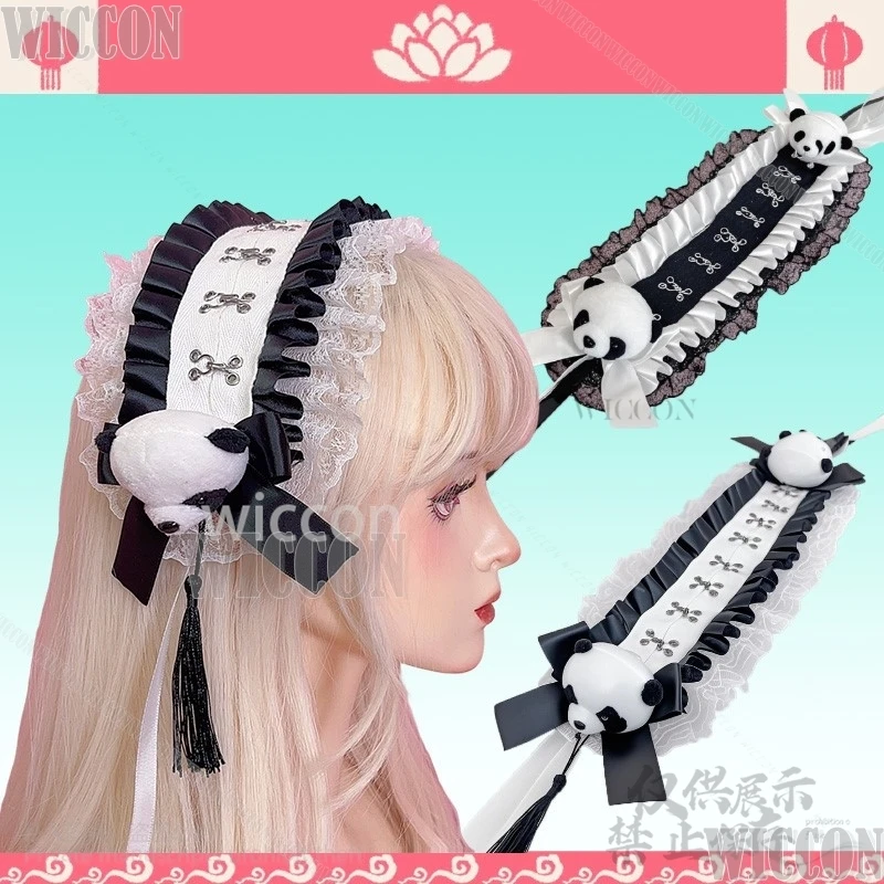 

Jirai Kei Girls Chinese Style Panda Lace Hair Accessory Ornament Headband Y2K Girl Fashion LOLITA Comic Con Cos Prop Customized