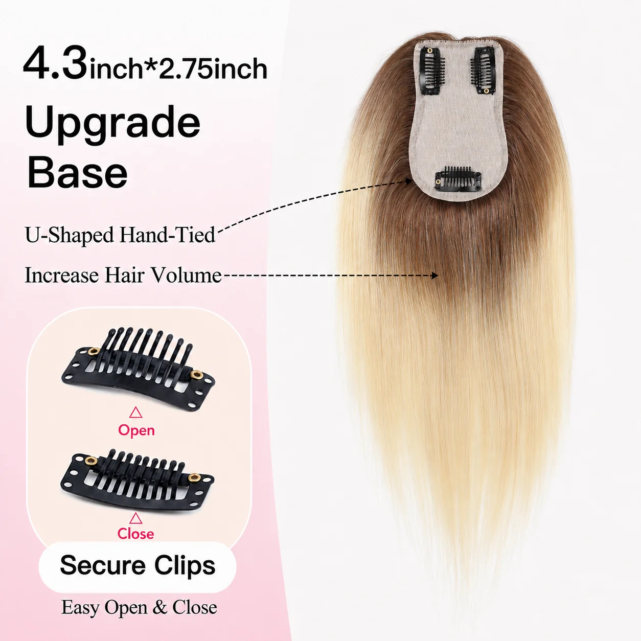 100% Human Hair Toppers For Women Brown to Light Blonde Ombre 12 Inch Straight Middle Part Silk Base Clip In Hair Pieces