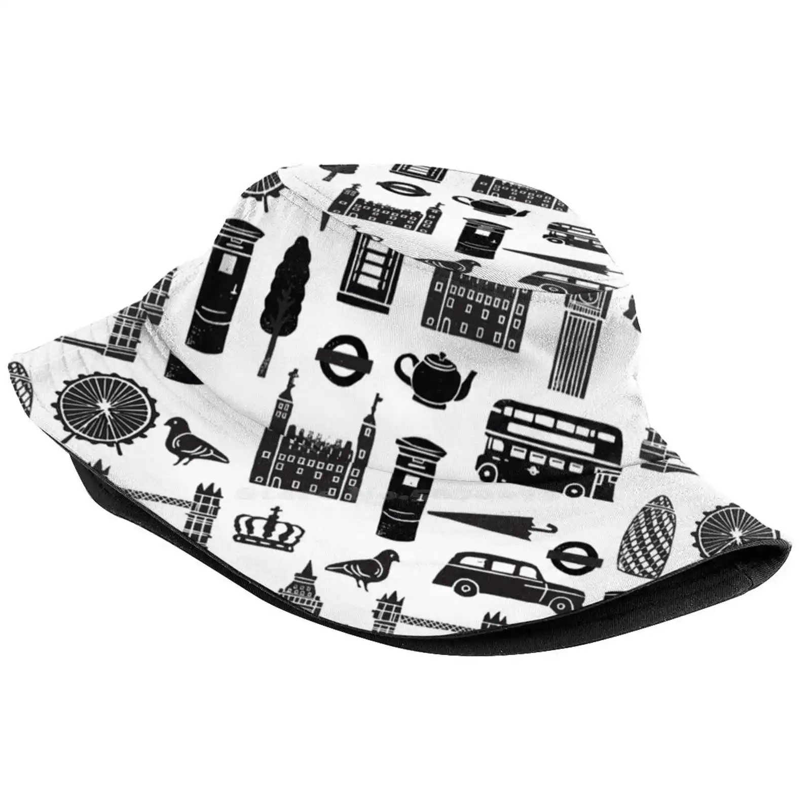 London Block Print - Black And White By Andrea Lauren Sun Cap Fisherman Hat Bucket Hats Block Icons City Urban London Eye Bus