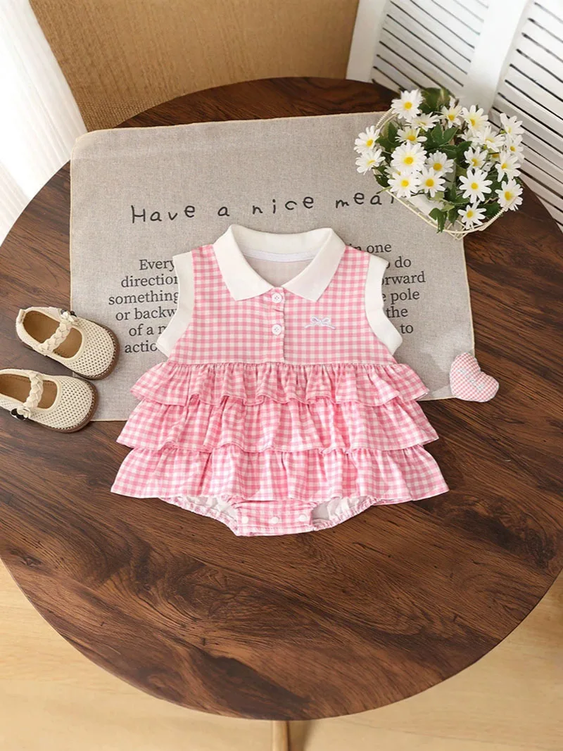MILANCEL Summer Baby Bodysuit 3-24M Sweet Grid Toddler Jumpsuit Thin Breathable Girls Clothes Bow Infant One Piece