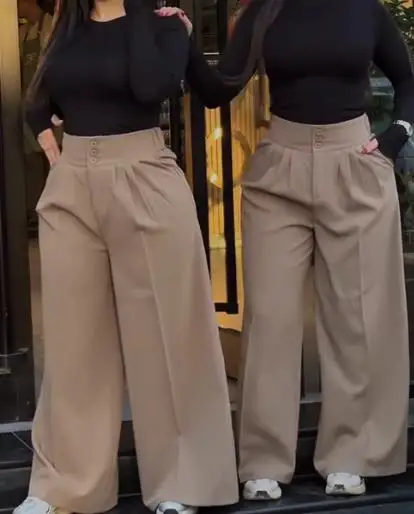 Fashionable and Minimalist High Waisted Button Zipper Front Wide Leg Pants for Women, Solid Color Casual Loose Wide Leg Pants