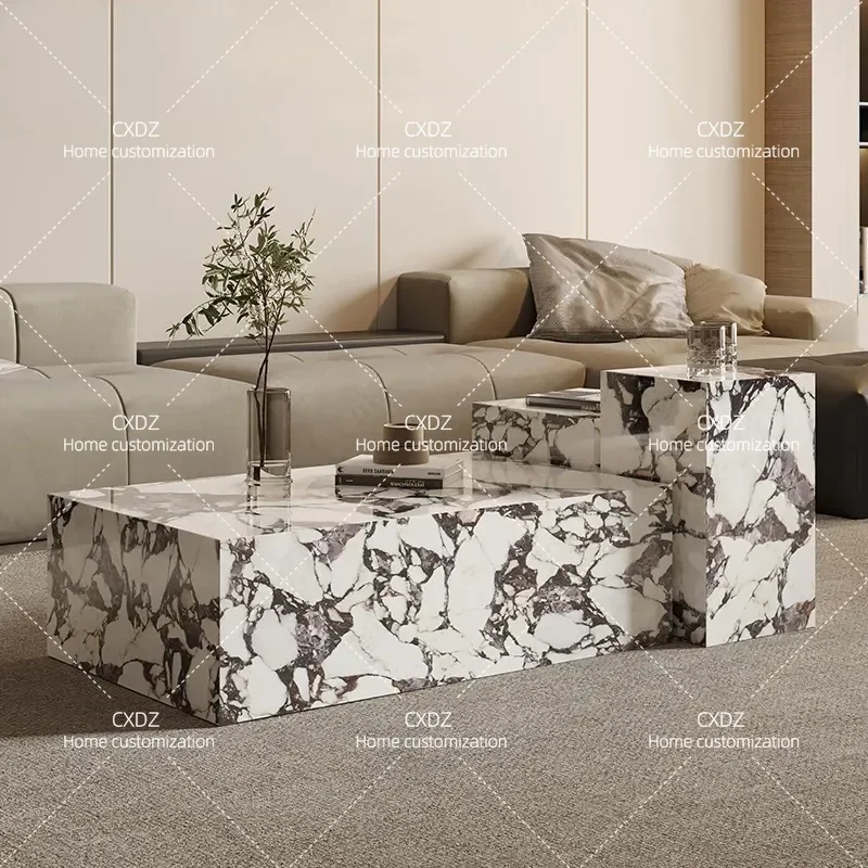 Modern Minimalist Rock Slab Coffee Table Set 3 Piece Rectangular Tea Table with Pillar Edge Design for Living Room