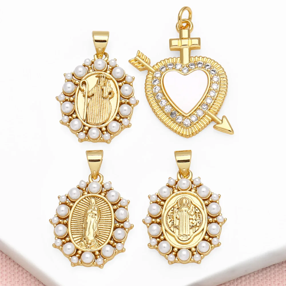 OCESRIO White Crystal Heart Necklaces Pendant Copper Gold Plated Pearl Virgin Mary San Benito Jewelry Making Supplies pdtb513