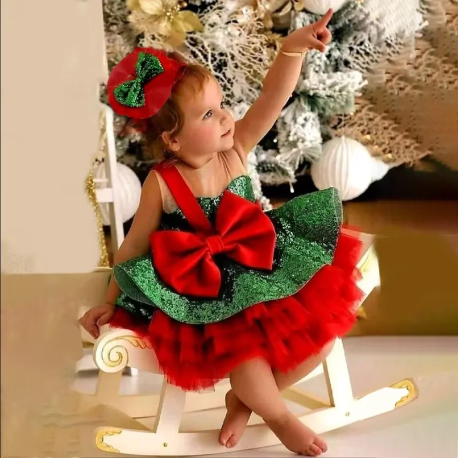 Green Sequin Girls Christmas Dresses Red Bow Tulle Puffy Children Birthday Party Dress Elegant Kids Girl Princess Wedding Gown