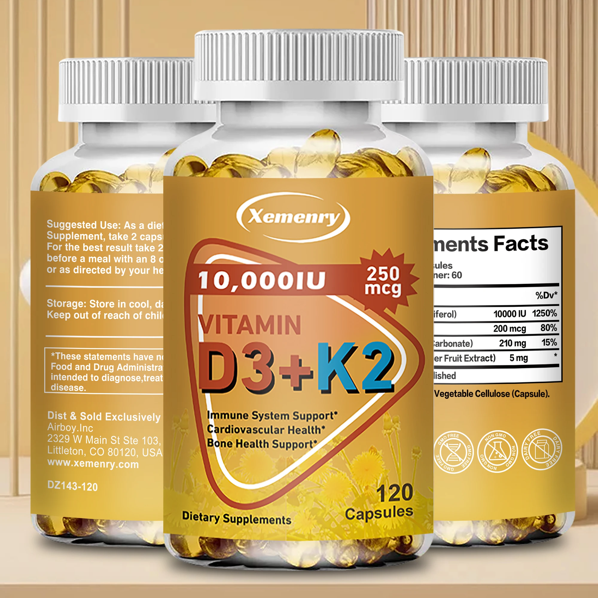 

Vitamin D3 and K2 (mk7) Softgels - Promote Nerve,Muscle,Heart,Bone and Dental Health,Promotes Calcium Absorption