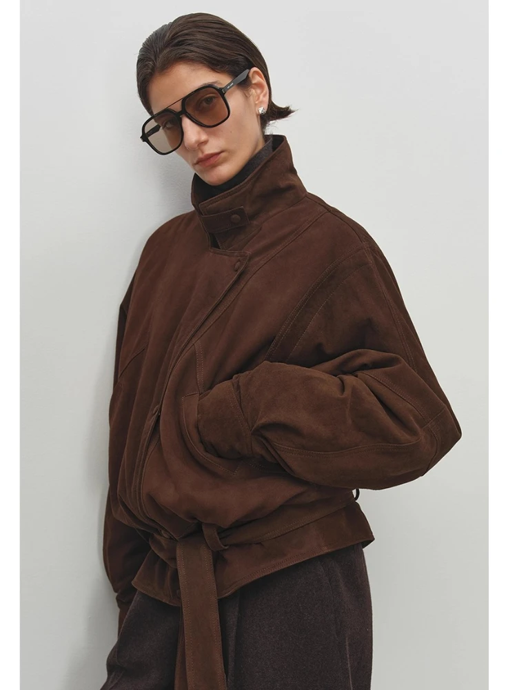 سترات كلاسيكية من جلد الغزال الطبيعي للنساء لخريف وشتاء 2025 معطف مبطن بسيط فضفاض من جلد الغنم الحقيقي مع حزام #4