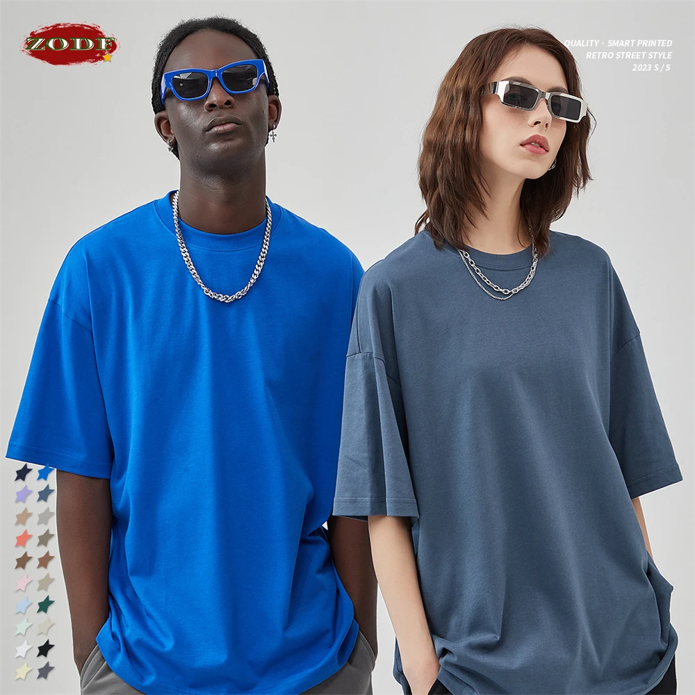 ZODF 2024 Spring Summer Men Solid 100% Cotton T-Shirts Unisex Women Loose 230gsm Noshrink Basic T Shirt Brand Tops HY0151