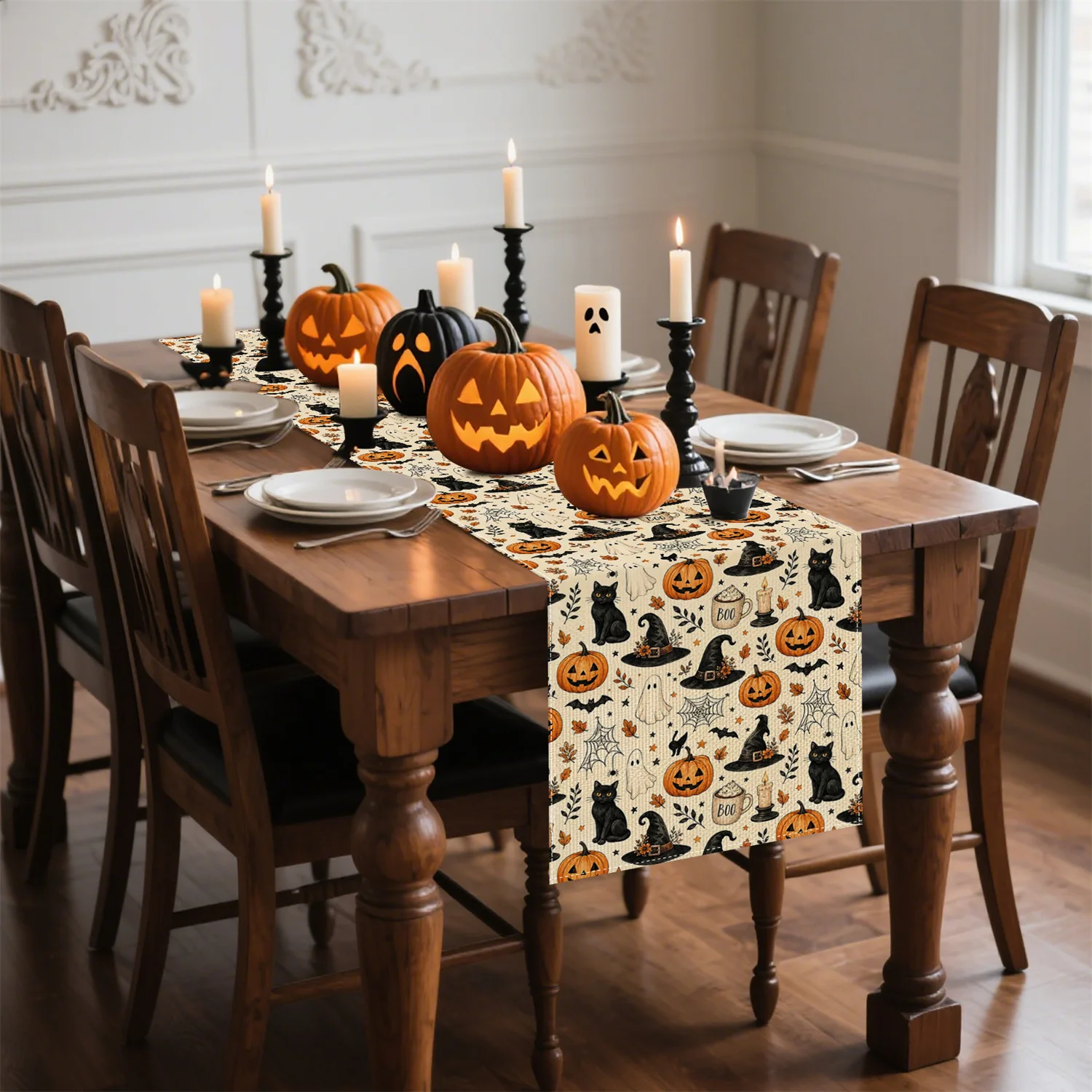 Halloween Table Runner, Black Cat Witch Hat Pumpkin Ghost Pattern, Rustic Farmhouse Decor for Dining Room Kitchen Table Party
