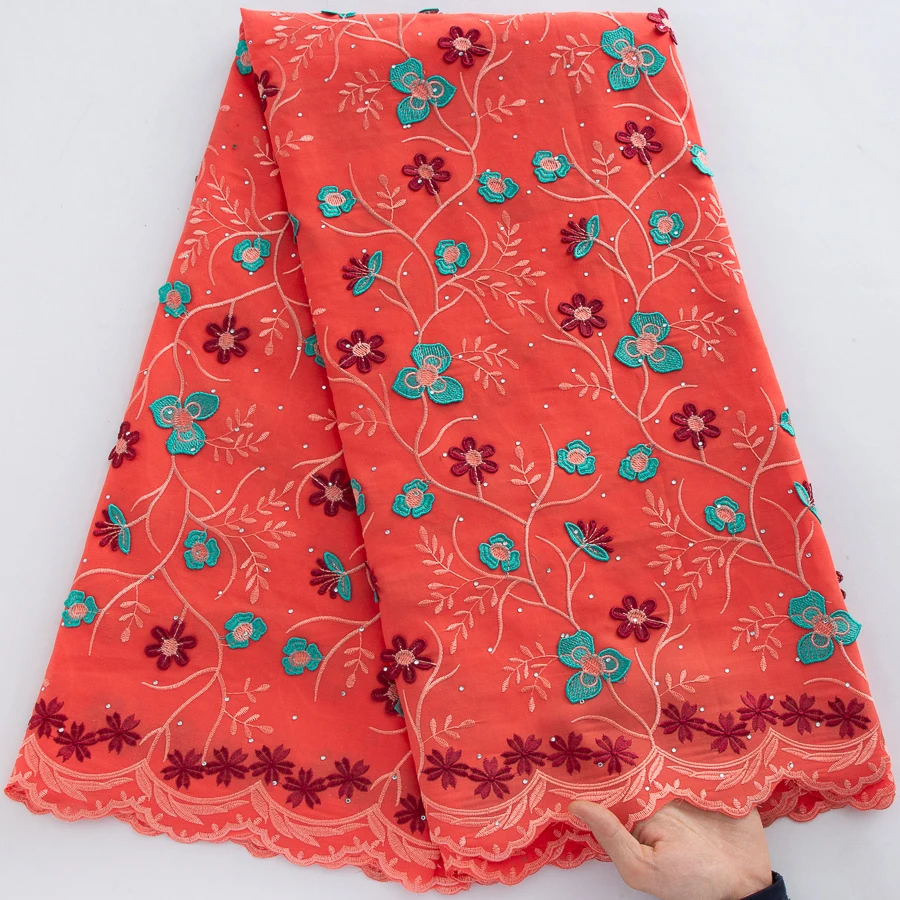 Tissu en dentelle de coton africain corail de qualité supérieure - Motif floral turquoise et bordeaux 5 yards de voile suisse pour tenues de mariée et traditionnelles