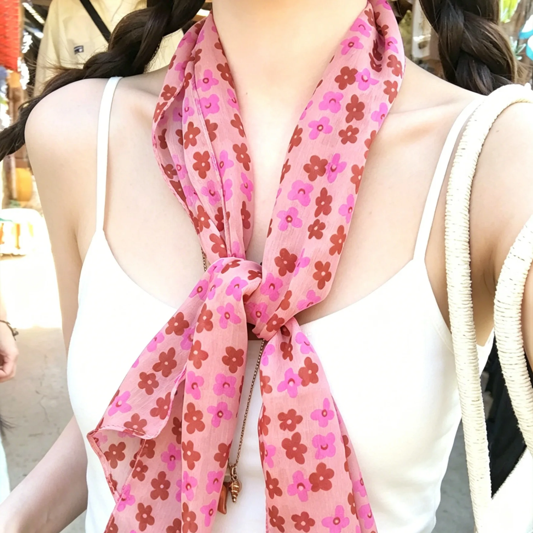 Long Skinny Pink Floral Scarf for Women Sheer Chiffon Neck Tie Spring Summer Outing Blouse Accessory Lightweight