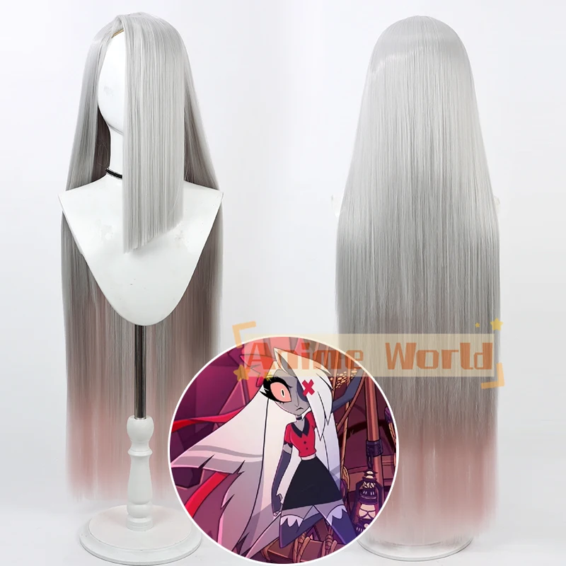 Game Hazbin Vaggie Cosplay Anime Hotel Vaggie Cosplay Wig  90cm Long Silver Gray Pink Purple Synthetic Hair Heat Resistant