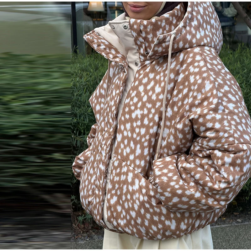 Reversible Spot Printed Women's Winter Jacket Hooded Full Sleeve Loose Cropped Padded Coats New Casual Warm Outwear 2026