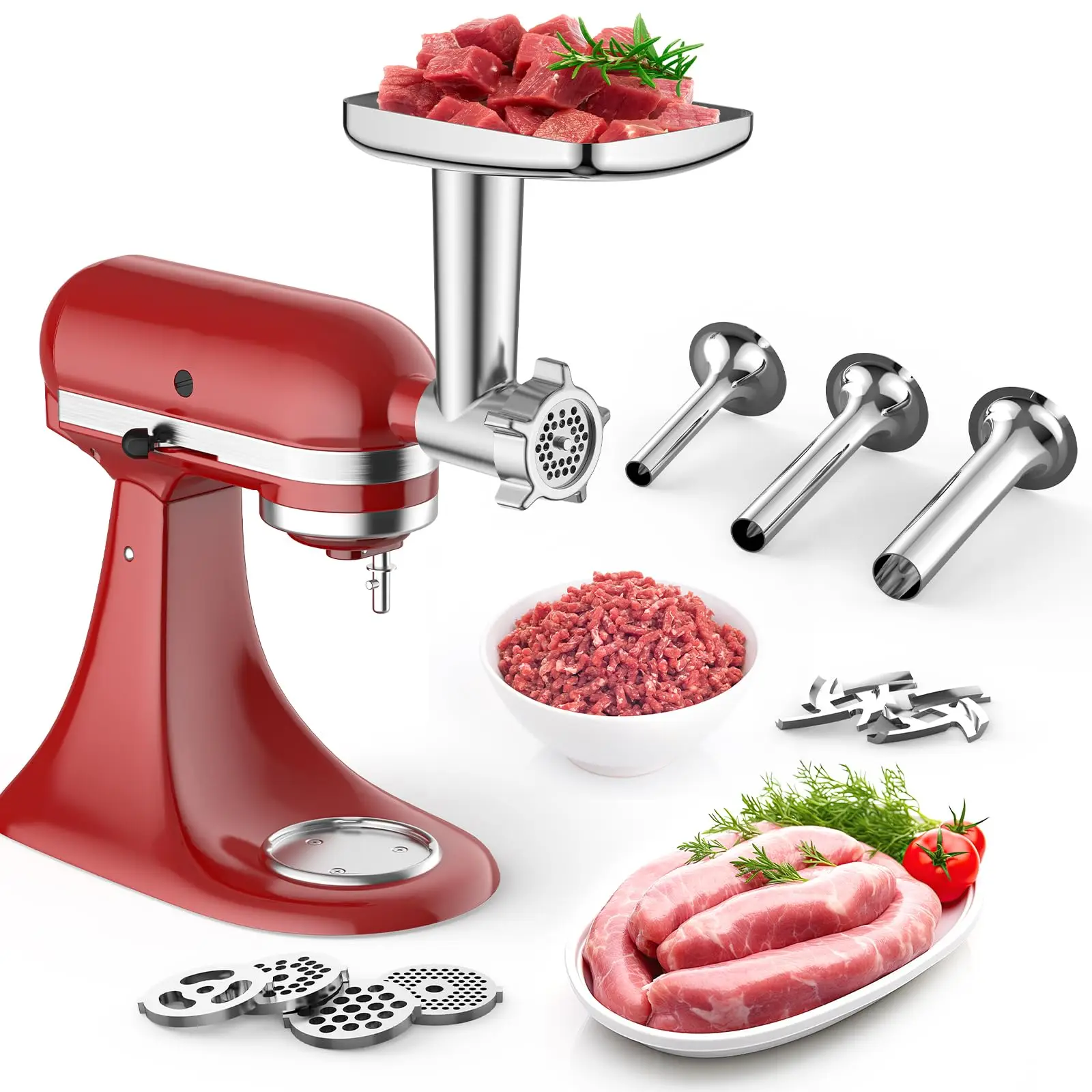 

Насадка-мясорубка Gvode для миксеров KitchenAid с 4 дисками для измельчения, 3 насадками для колбас и 2 лезвиями