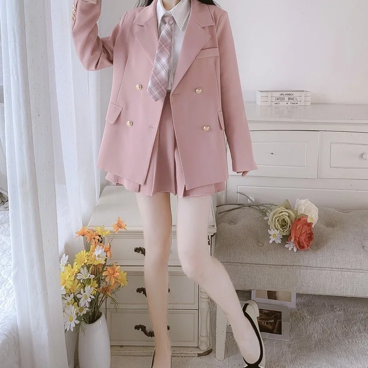 Japanese JK Preppy Style Age Reducing Pink Blazer + Long Sleeve Shirt + High Waisted Pleated Skirt 3 Pcs Sets Women Y2k Suits