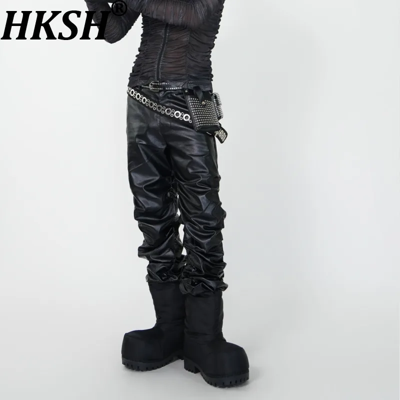 HKSH Spring Autumn New Men Tide Dark Niche Punk Performance Wrinkle PU Leather Pants Women Darkwear Punk Stylish Stacked HK19421