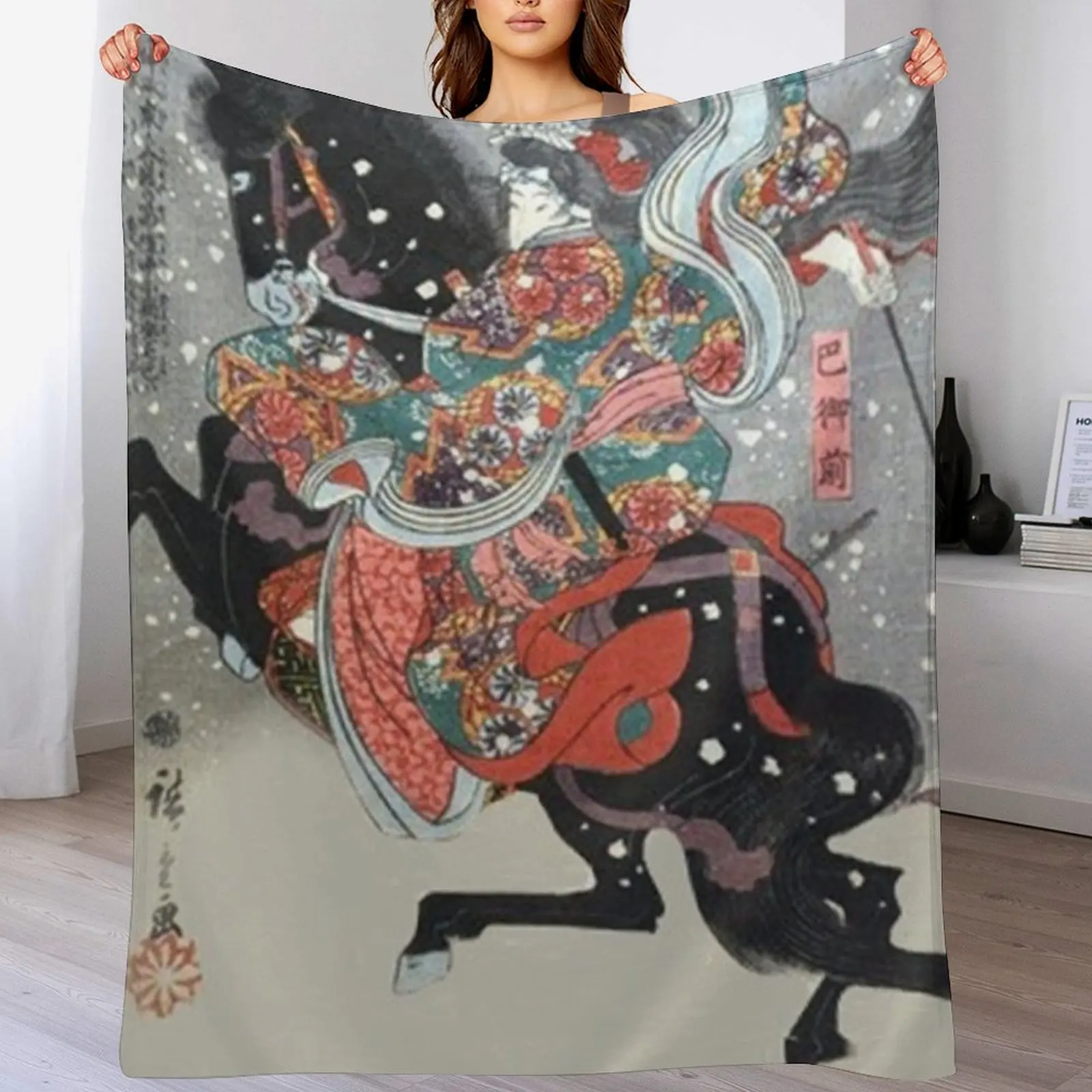 Japanese ukiyo-e woodblock print of the great female samurai, Tomoe Gozen by Utagawa Hiroshige Throw Blanket