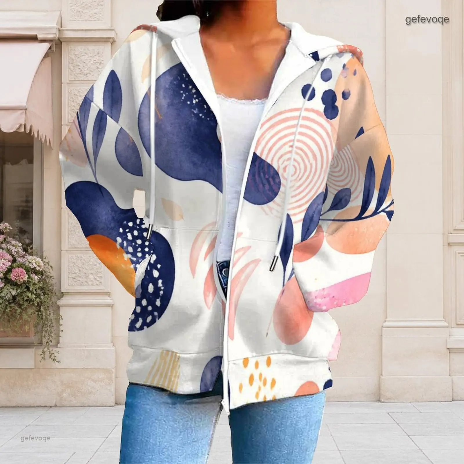 Women Watercolor Abstract Print Zip Up Long Sleeve Hoodie with Pockets
