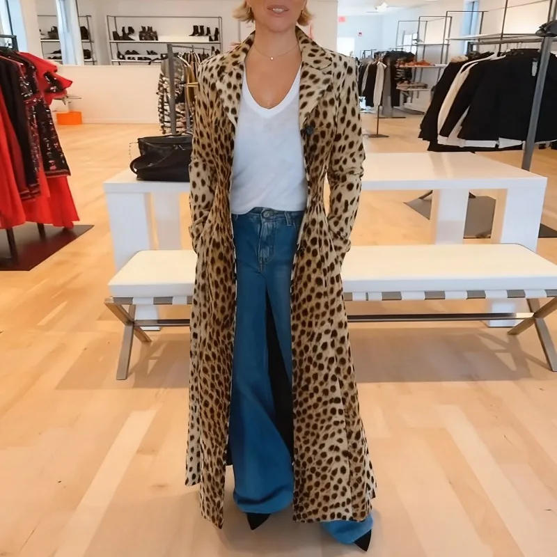 New Women's Suit Collar Leopard Print Trench Coat Spring Autumn Long Windproof Jacket Female Casual Parker Windbreaker Overcoat