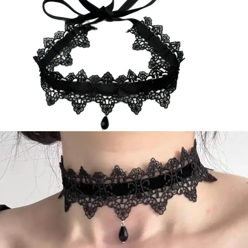 New Sexy Lace Flower Necklace For Women Gothic Punk Velvet Collar Choker Black Waterdrop Pendent Necklace Strap Bow Jewelry
