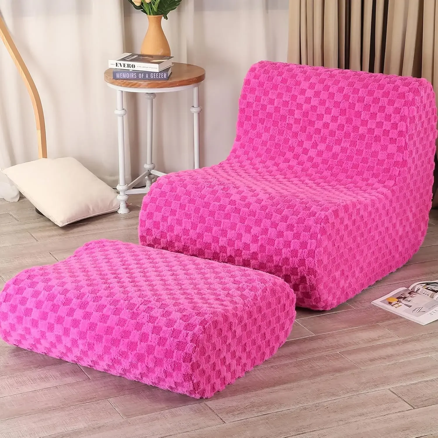 Chair with Footstool, Modern Lazy Sofa Chair with Comfy  Shaggy Plush, Pink