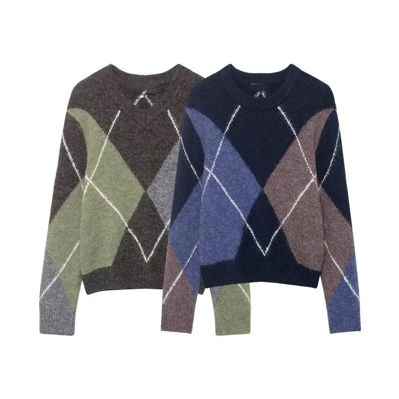 

Top Knitwear Women's Autumn/Winter Round Neck Long Sleeves Contrast Colour Diamond Pattern Knit Comfortable Minimalist Casual