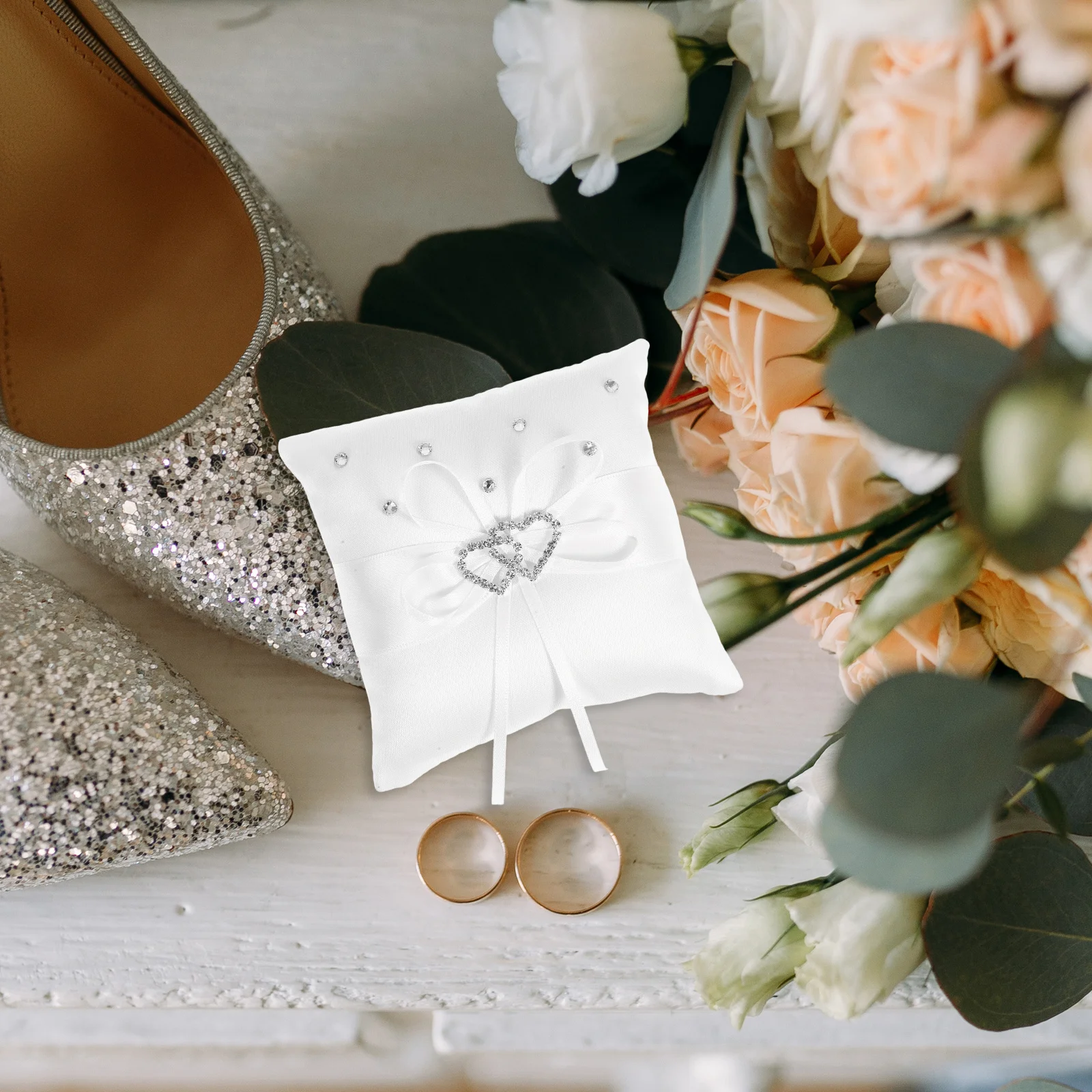 

Double Heart Bridal Ring Pillow Satin Ribbon Rhinestone Wedding Ring Bearer Cushion 10x10cm White Ceremony Pocket