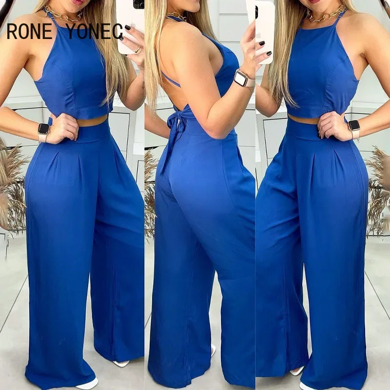 Feminino casual sólido halter rendas até colheita sem costas sexy calças de perna reta conjuntos