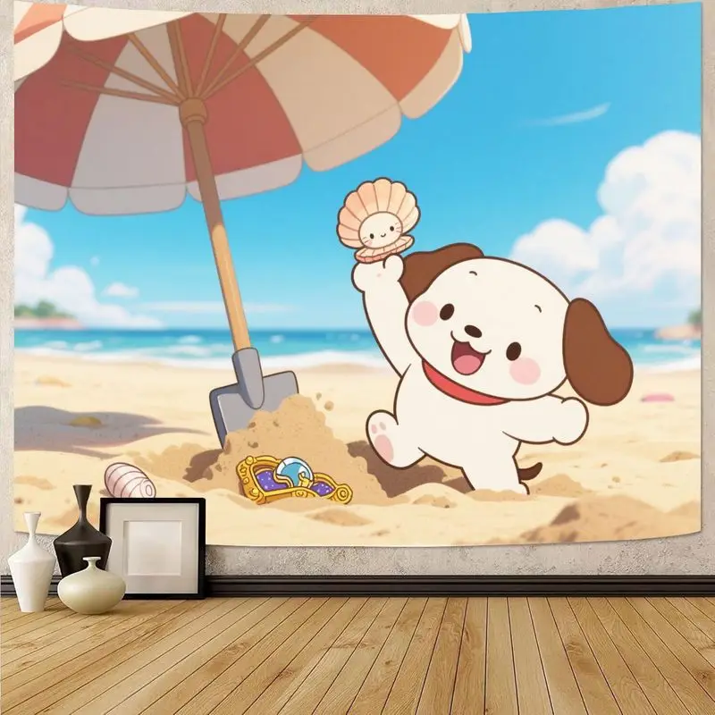 

1PC Kawaii Happy Puppy Beach Tapestry, Cute Cartoon Dog Summer Vacation Wall Art, Polyester Home Decor, Dog Lover Gift for Dorm